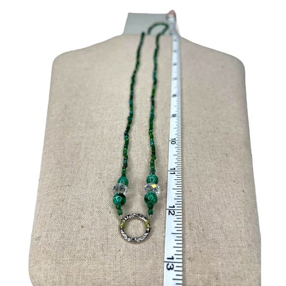 Beaded Necklace Green and Silver Tone Long Necklace Handmade - Picture 6 of 12